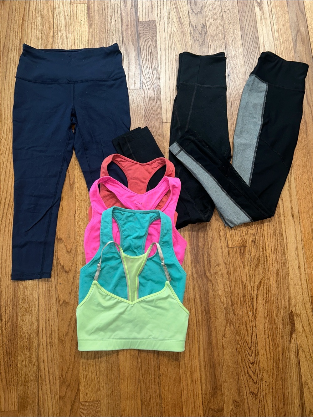 Name Brand Mixed Activewear Set - Black Leggings + Bright Sports Bras size small